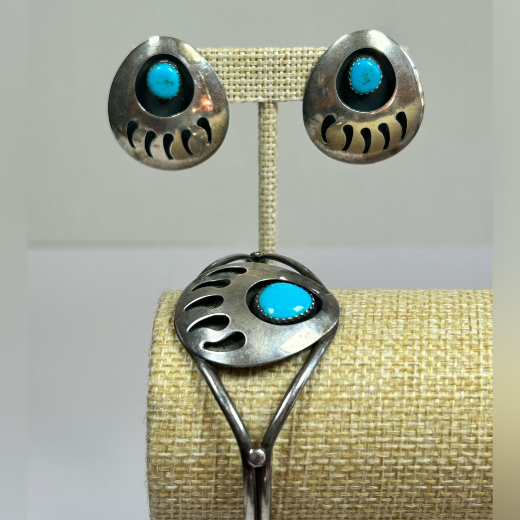 Native Large Turquoise Bear Paw Shadow Box Sterling Silver 925 Cuff Earrings Set
